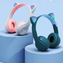 LED Cat Ear Wireless Headphones 5.0 Bluetooth Earphone Kids Gift Headset 3.5mm With Mic Noise Cancelling For Online Learning