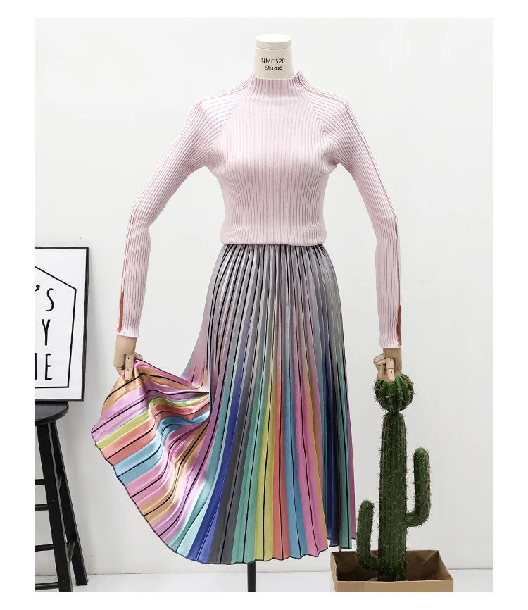 Женские радужные плиссированные юбки Модные осенние новые юбки Harajuku с высокой талией