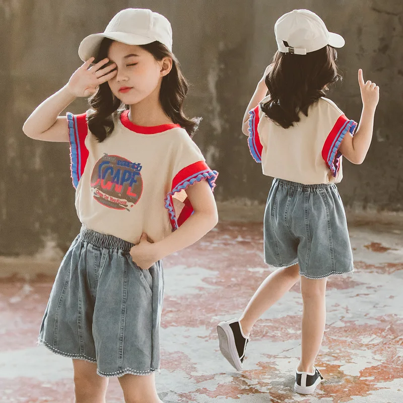

Girls Short-Sleeved Summer 2020 New Fashion Girl Letter T-shirt Sports Jeans Two-Piece Hair