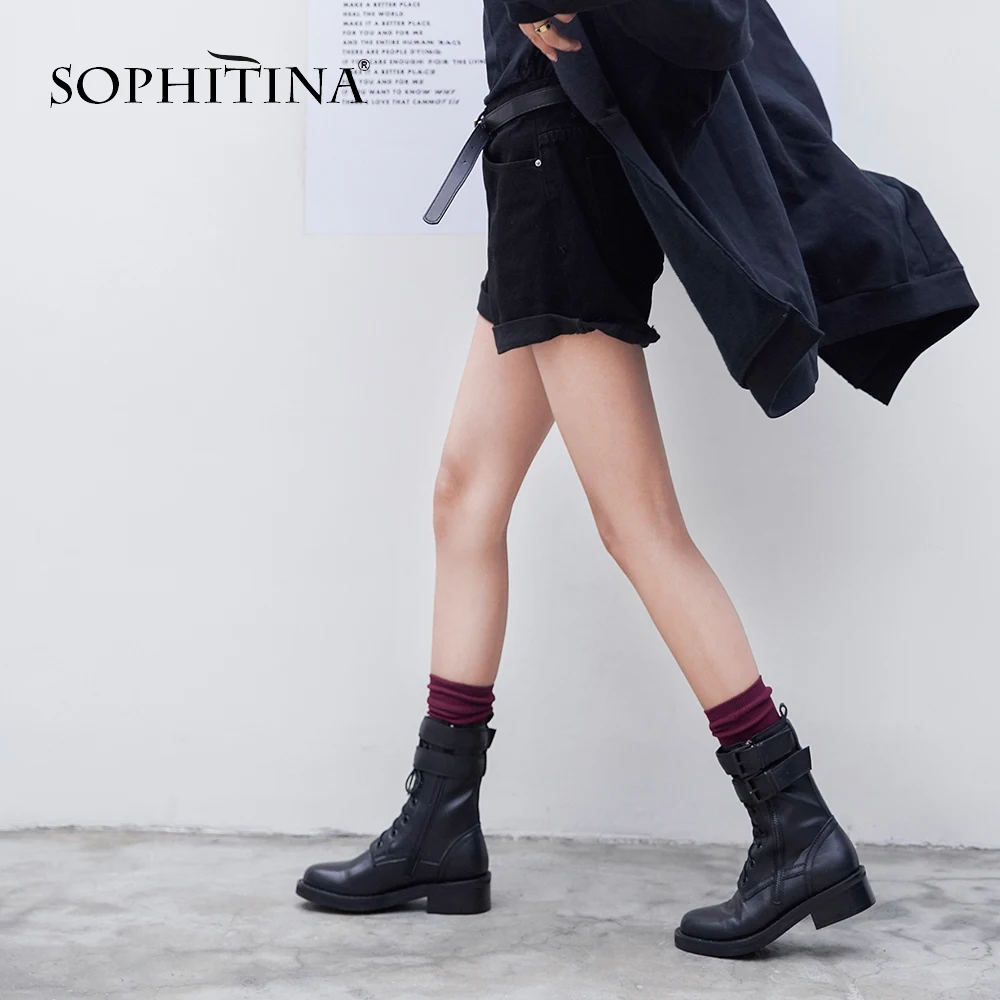 

SOPHITINA Tooling Boots Comfortable Woman Square Heel High Quality Cow Leather Fashion Cool Shoes Round Toe Ankle Boots MO302