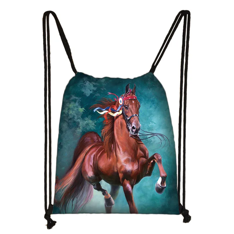 SKD-M009 elegent animal horse print drawstring bag women men storage bag fashion rucksack cute pony boys girls backpack kids bookbag gift - Цвет: SKD-M009