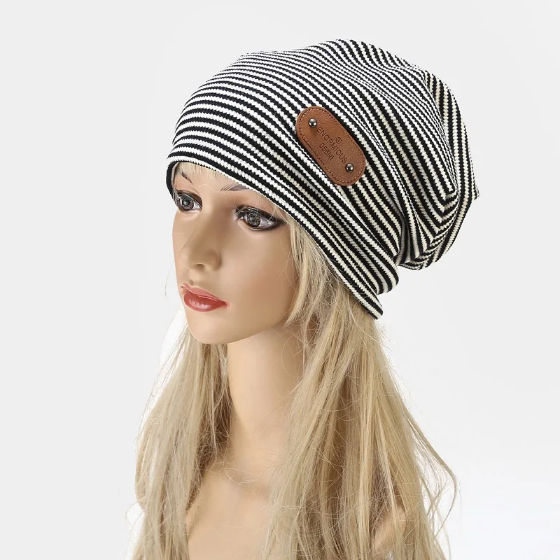 Striped Print Women Hat Ladies Autumn Winter Hats Fashion Hip-hop Slouchy Beanie Girls Chapeu Feminino Cotton Cap 2