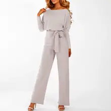 Women Jumpsuit Fashion Casual Solid Color Pockets Long Sleeve Straight Leg Jumpsuit With Belt Monos de Fiesta 2020 New Hot E