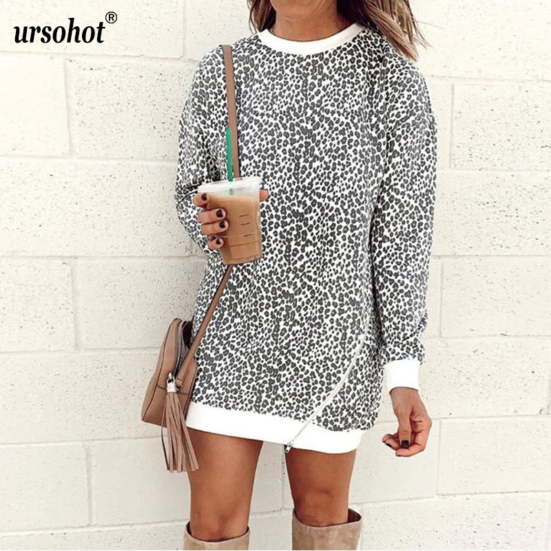 

Ursohot Leopard Print Sweatshirt Women O Neck Loose Hoodies Top Sweatshirts Long Sleeve Hooded Autumn Casual Fashion Zipper Tops