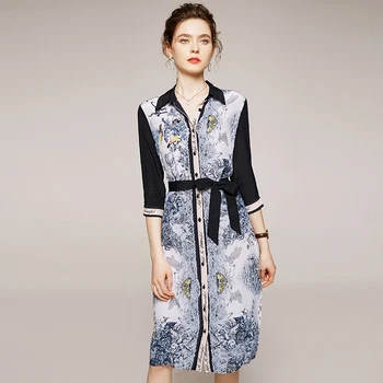 

Vintage Print Women Dresses 100% Natural Real Silk Turn-down Collar Three Quarter Sleeve Patchwork Slim Casual Lady Shirt Dress