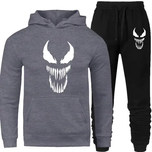 Новинка, брендовый спортивный костюм, модный, Venom, мужская спортивная одежда, два предмета, наборы, все, хлопок, флис, Толстая Толстовка с капюшоном+ штаны, спортивный костюм для мужчин - Цвет: Dark grey black