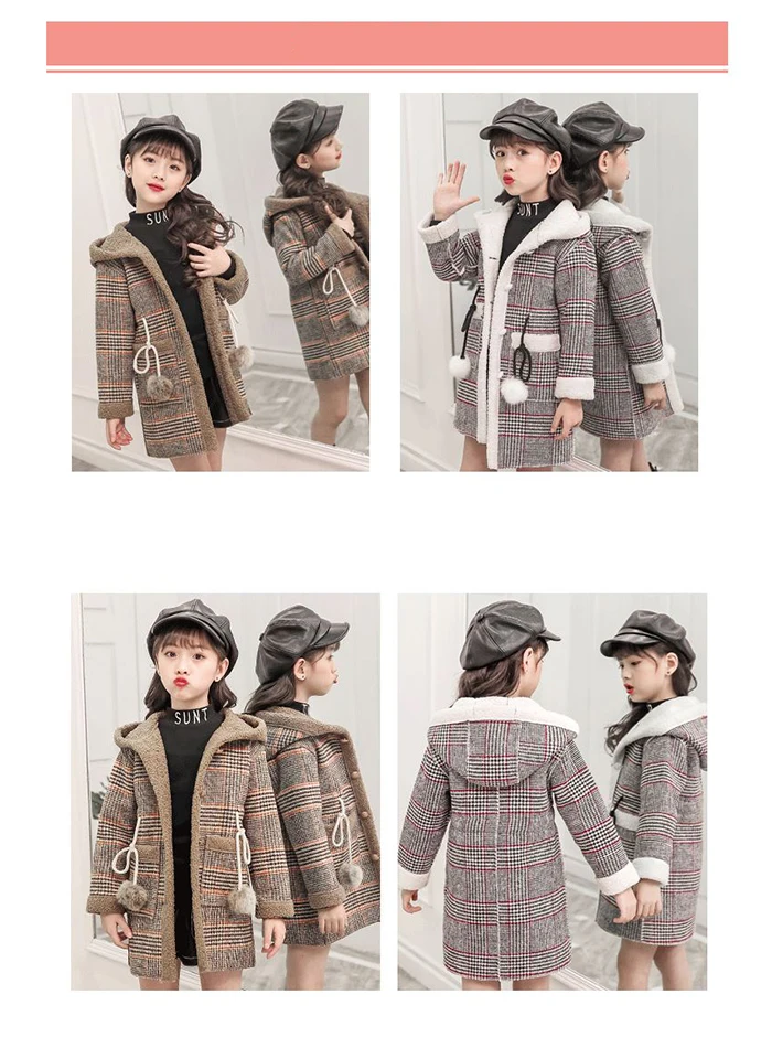 Girls winter plus velvet thickened long tartan coat in the big boy foreign fashion hooded woolen coat jacket