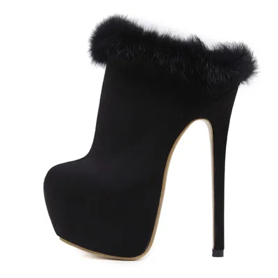 

Botas 15CM Super High Heels Slip On Ankle Boots For Women Mules Luxury Fur Round Toe Stiletto Pumps Large Size Shoes Botines