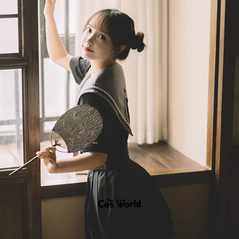 Black Summer Navy Sailor Suit Tops Skirts JK High School Uniform Class Uniform Students Cloth japanese school uniform