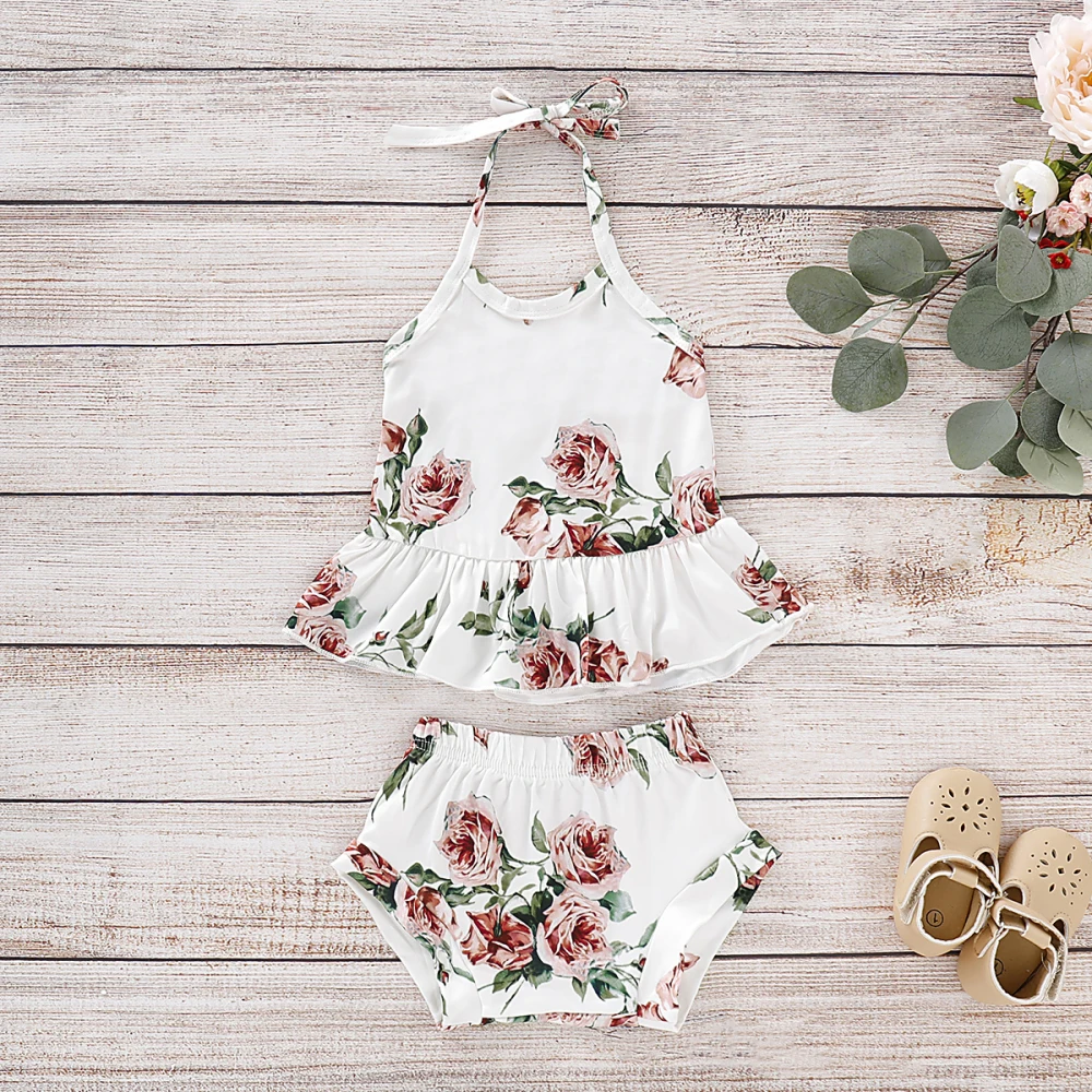 Summer Newborn Baby Girls Clothes Flower Halter Tops Shorts 2PCS Outfits Set