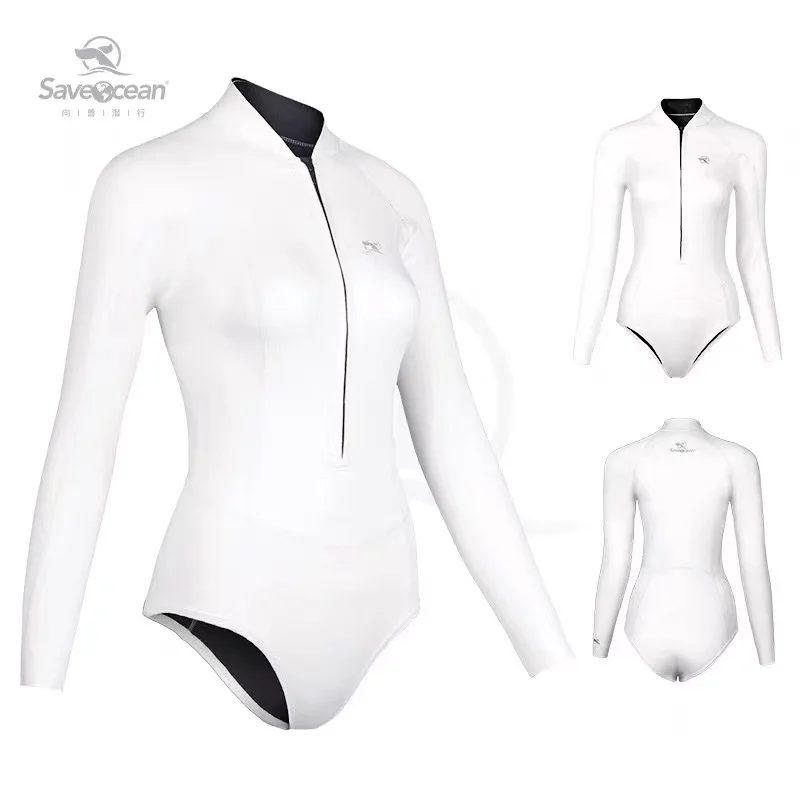 

SaveOcean 2mm White Long Sleeve Front Zipper Bikini Bottom One Piece Wetsuit Freediving Sun Protection Surf Suit Woman Swim Suit