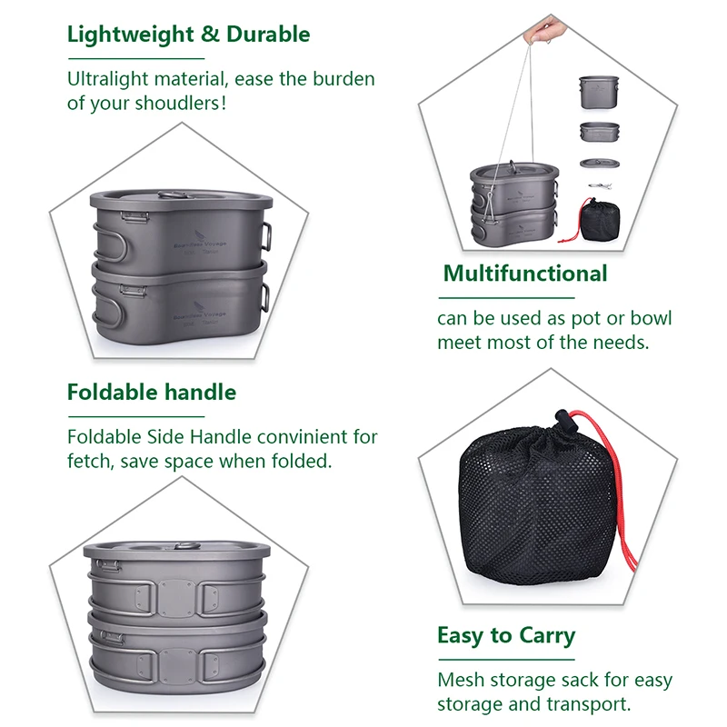 Безграничный Вояж титановый походный горшок набор с подвесным кольцом Ланч-бокс портативная миска для пикника кухонная посуда набор для приготовления пищи на открытом воздухе