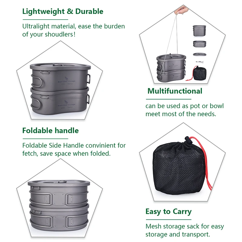  Boundless Voyage Titanium Camping Pot Set with Hanging Ring Lunch Box Portable Bowl Picnic Cookware