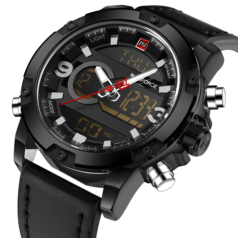 Black NAVIFORCE Роскошные Брендовые мужские спортивные часы мужские кожаные цифровые армейские военные часы мужские Кварцевые водонепроницаемые часы Relogio Masculino - Цвет: Black
