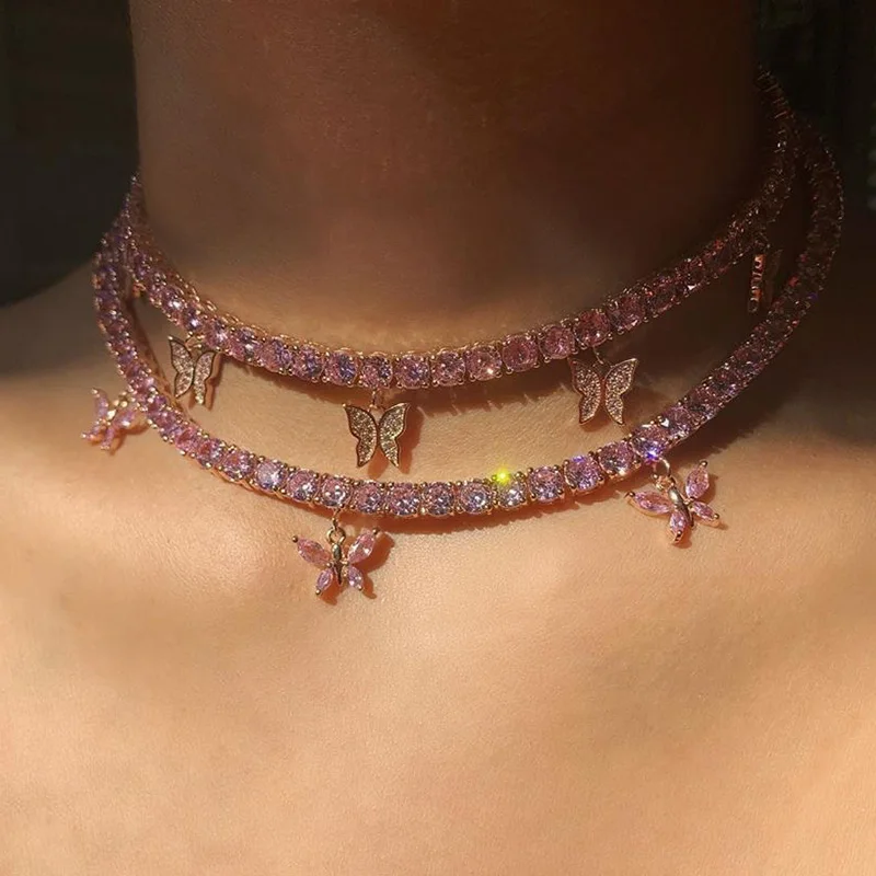 Pink Crystal Butterfly Pendant Necklace 