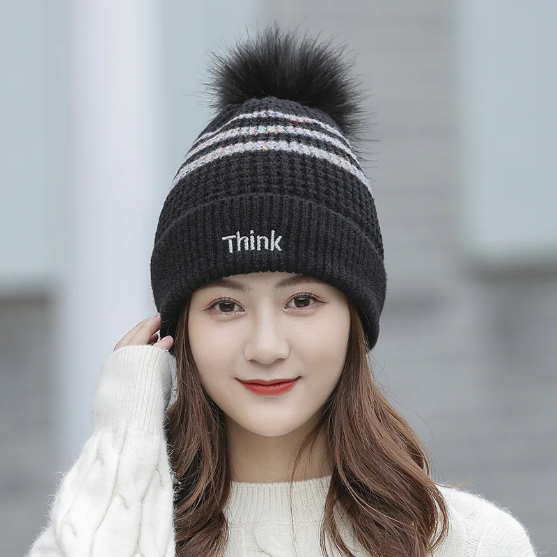 Women Winter Thicken Alphabet embroidery Flanging Warm Ear protectors Little bee Pompom knit hat Female Skull Beanies cap Z205 - Color: Black01