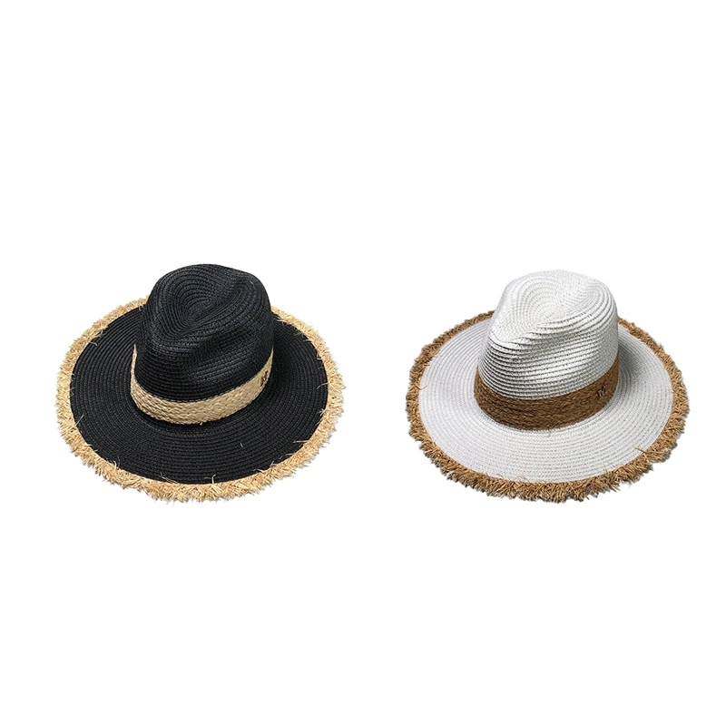 

2Pcs Elegant England Summer Wide Beach Straw Hat Sun Protection Uv Hat Sun Hat Beach Woven Jazz Cap White & Black