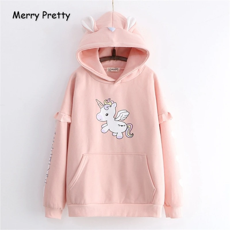 Merry Pretty женские толстовки с капюшоном и принтом единорога из мультфильма с ушками на капюшоне зимние Лоскутные пуловеры с капюшоном и оборками