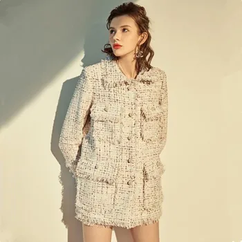 

2019 Autumn Winter Tweed Jacket Runway Luxury High Quality Cotton Wool Overcoat Fringe Long Coat Female Ladies Woolen Outerwear
