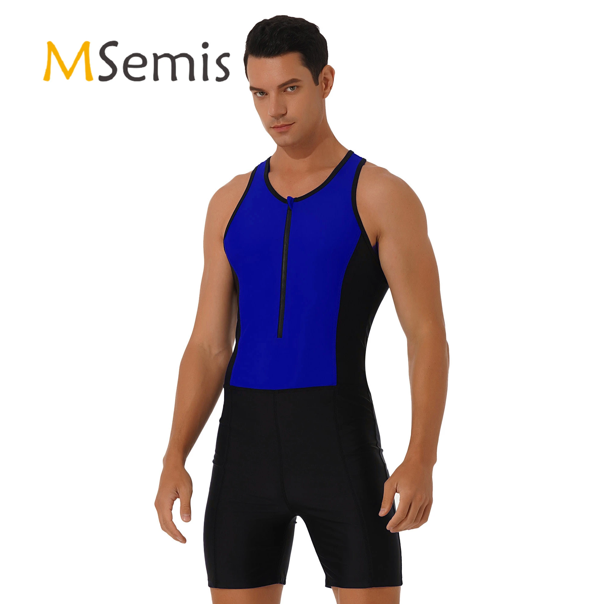Traje de para hombre, bañador con cuello redondo, frontal con cremallera, traje de baño para triatlón, pantalones cortos con contraste Color en la espalda|Bodis| - AliExpress
