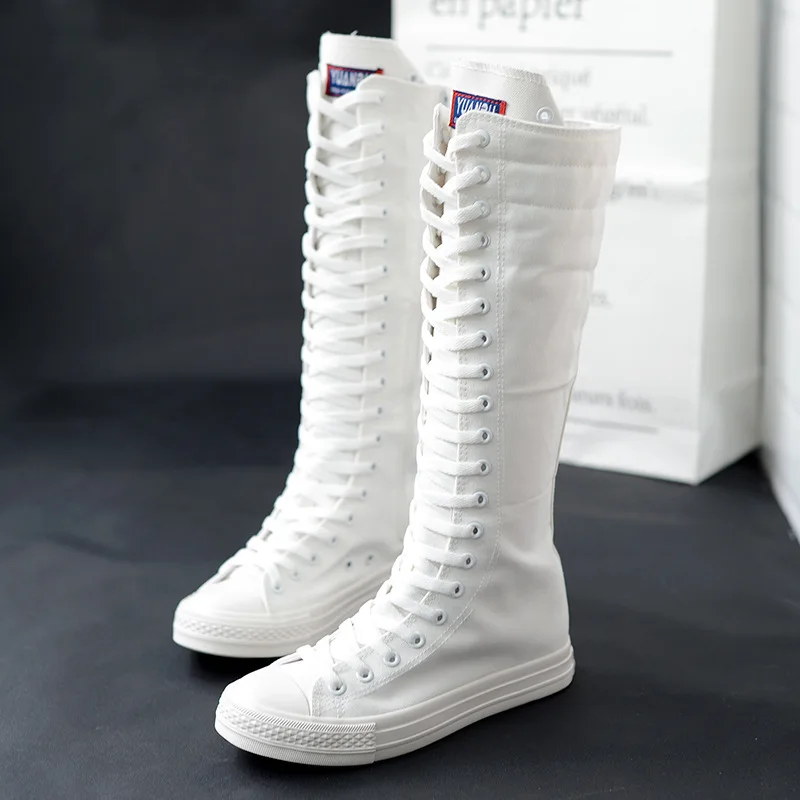 

New Canvas Over The Knee Casual Boots Women Side Zipper Black Boots Long Thigh High Slim Flats Boots Sneakers Designer Shoes