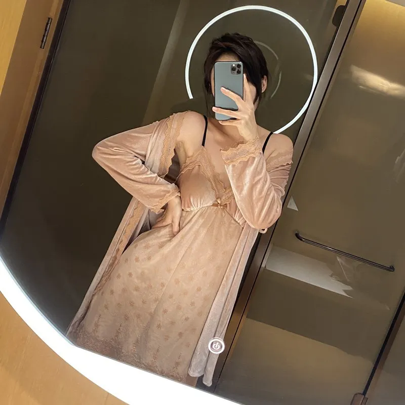 

QWEEK Golden Velvet Robe Autumn Lounge Set 2 Piece Sexy Nightdress Sleepwear Female Nightgown Winter Dressing Gown Albornoces