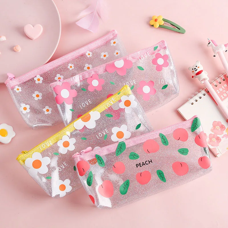 Cute Flowers Pencil Case Kawaii Transparent Pen Case Large Capacity