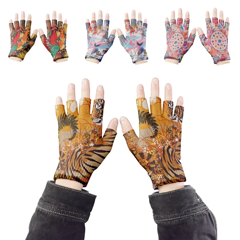 Cartoon Mashup Colorful Pattern Mittens Wrist Spring Summer Fingerless Working Gloves Soft Women Knitted Gloves Open Fingered