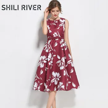 

2020 new summer designer party dress for women sleeveless slim casual retro elegant floral swing full vest dresses belt claret
