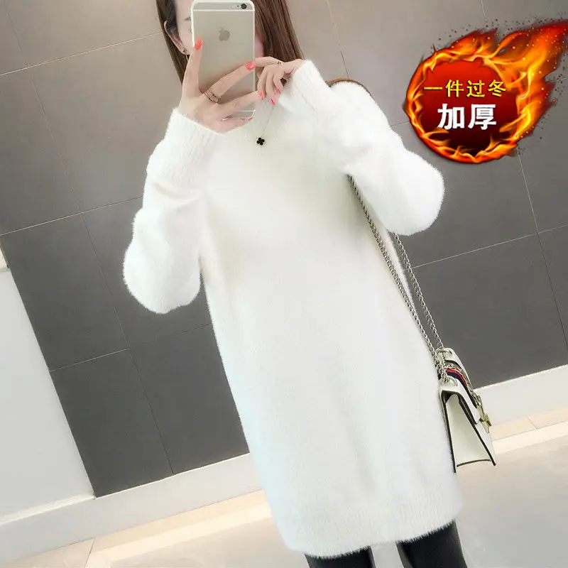 warm fleece white Женский длинный кашемировый свитер из искусственной норки с длинным рукавом, вязаный теплый флисовый пуловер - Цвет: warm fleece white