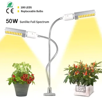 

50W Dual Head LED Lighting LED Grow Lights with Lamp Holder Clip Desktop For Plants Growth 100LED Growing Lamp #EW