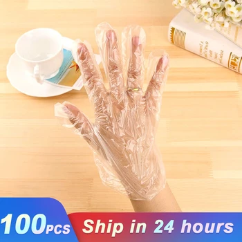 

100pcs/Lot Transparent Disposable Gloves One-off Plastic Gloves For Household Bathroom Kitchen Transparent Disposable PE Gloves