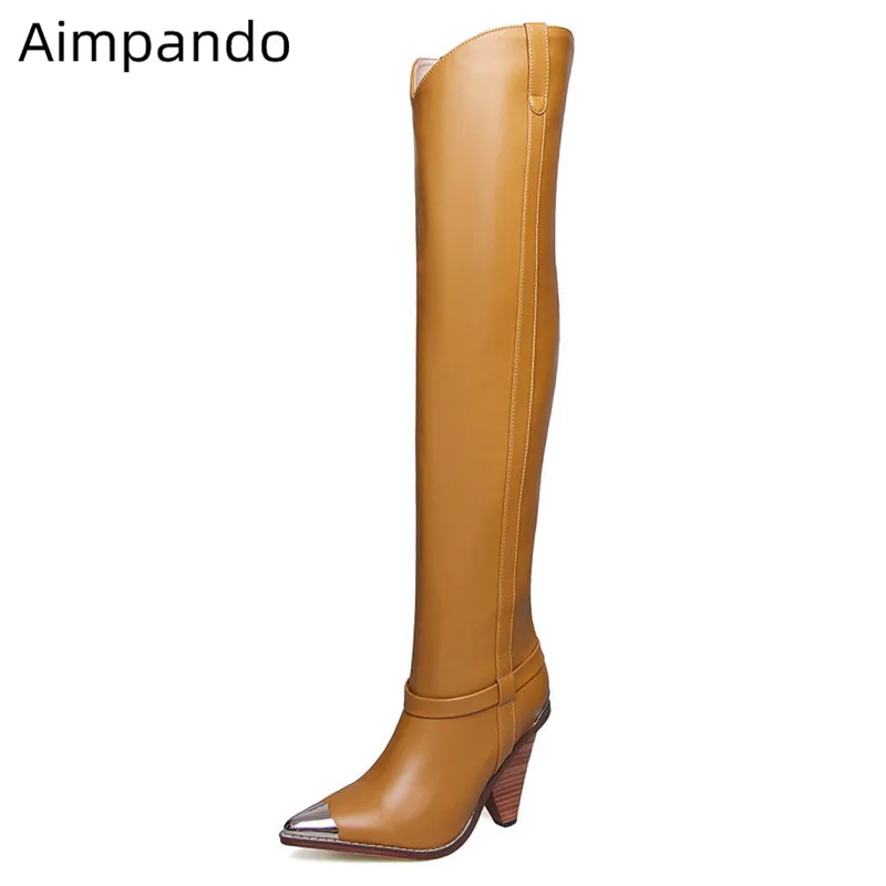 

2019 Stylish Boots Woman Metal Point Toe Slim Over The Knee Long-bottes High Spike Heel Comfy Plus Size Sexy Boots Woman 35-43