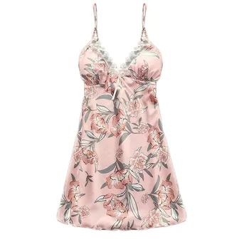 

New Womens Sexy Satin Women Satin Flower Printint Silk Lingerie Bow Lace Flower Pattern Sleepwear Nightdress 30AG05
