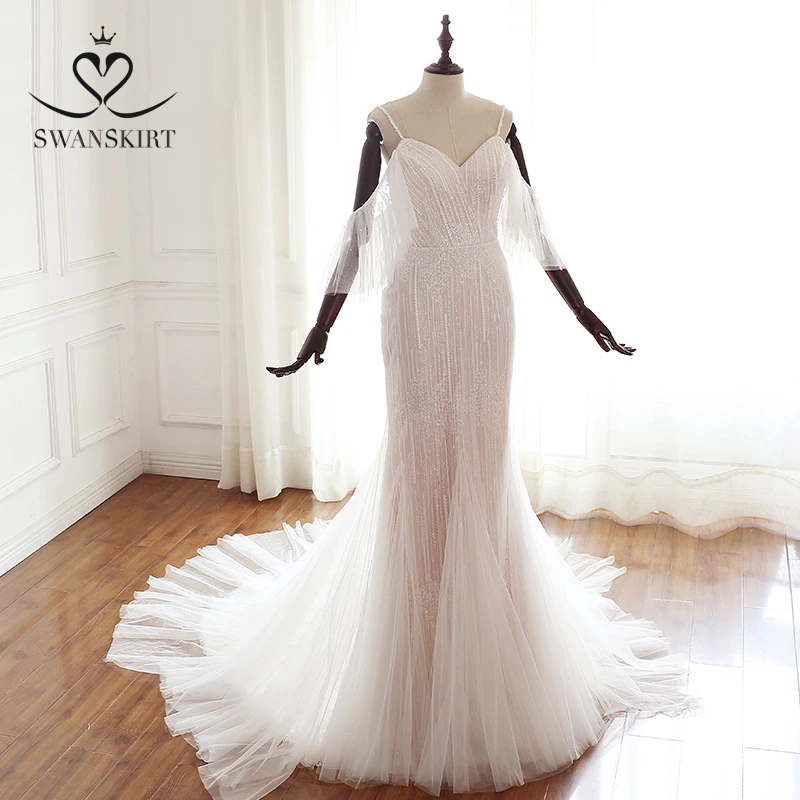 

Sweetheart Mermaid Wedding Dress Swanskirt A252 Vintage Beaded Appliques Tulle Bride gown Lace up Back Princess Vestido De Noiva
