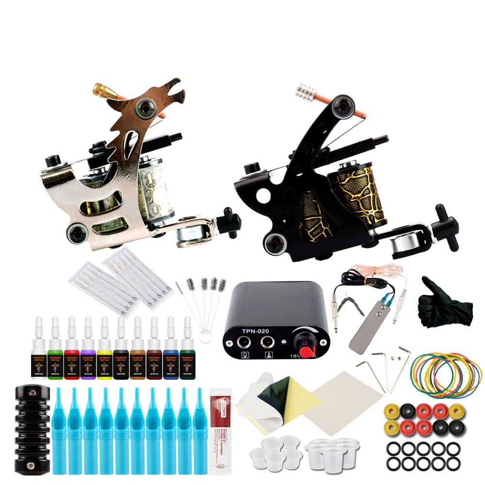 Kaufen Anfänger Tattoo Kit 2 Spulen Guns Set 20 Farben Pigment Tinten Set mini Power Permanent Make Up Körper Kunst Tattoo Werkzeuge tattoo Set
