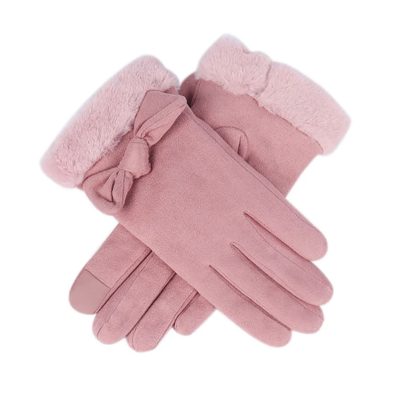 Pink New Women Gloves Plus Velvet Bowknot Touch Screen Outdoor Sport Warm Suede Mitts Full Finger Female Cold Protection Gloves - Цвет: Pink