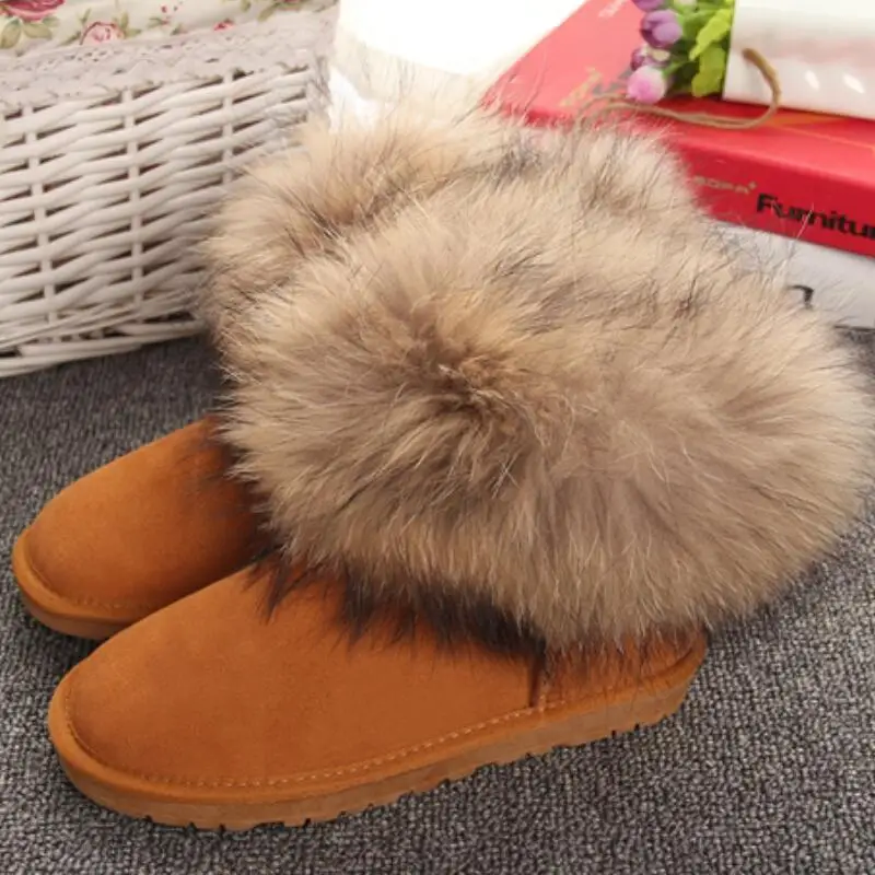 

Women Boots Genuine Leather Real Fox Fur Brand Winter Shoes Warm Black Round Toe Casual Plus Size Female Snow Boots DE