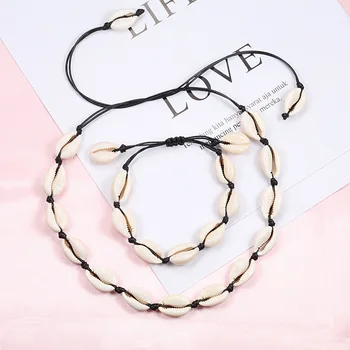 

2 pcs/set Natural Shell Bracelet Hand Knit Seashell Necklace Women Jewelry Adjustable boho Beach Charm Necklace Bracelet Gifts