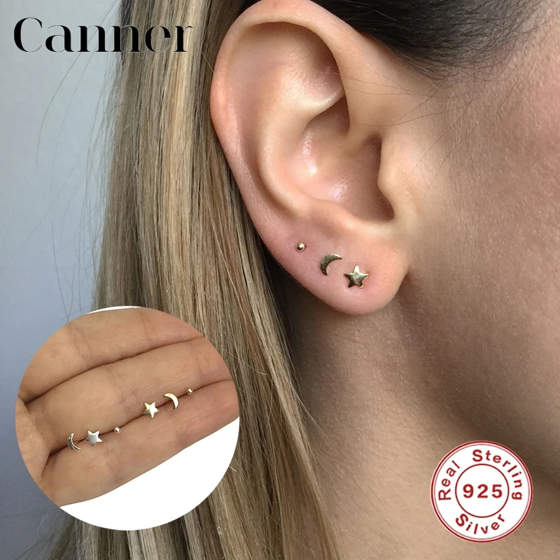 Canner 1 925 Pendientes tipo botón de plata fina para mujer oro Mini Luna estrella aretes geométricos Bijoux Pendientes Piercing 2020 W5