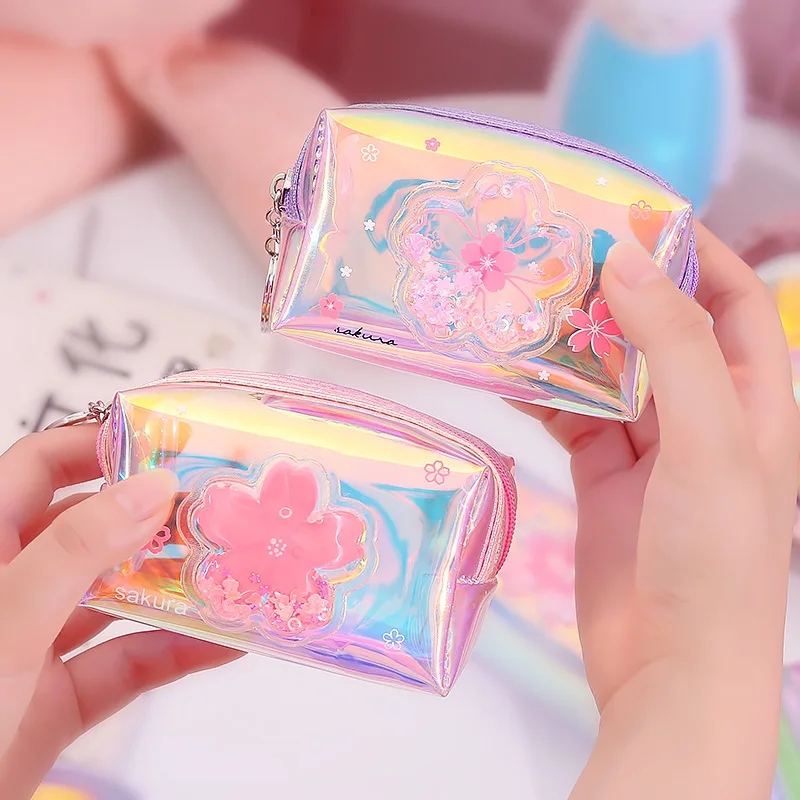 

Hot Selling GIRL'S Heart Oil into Quicksand Purse Laser Colorful Zip Coin Purse Storgage Bag Transparent Wallet