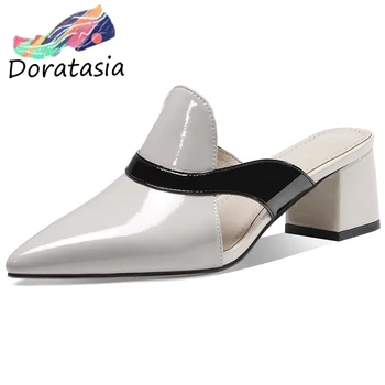 

DORATASIA Patent Leather Heels Shoes Summer High Heels Dress Mules Women Summer Trendy slip-on Pointed Toe Mules
