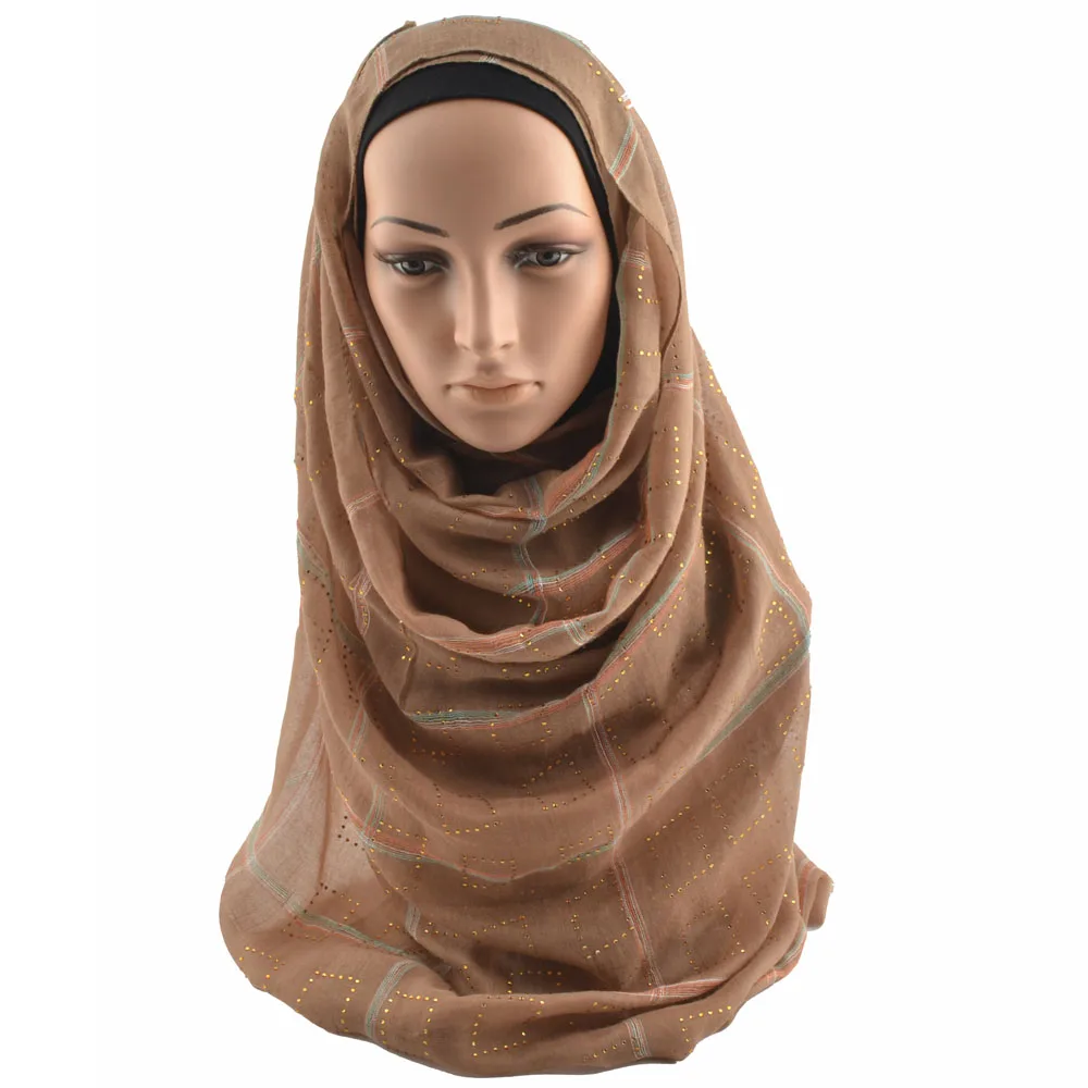 Hijabs Мусульманский Исламский клетчатый шарф шарфы со стразами, из Индии, хлопковые шали и обертывания, полосатый сплошной геометрический головной шарф