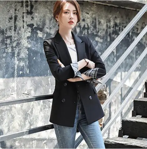 Black Blazer Bouble однобортный Однотонный женский блейзер с карманами Женское пальто Модные Пиджаки Верхняя одежда Высокое качество куртки 5XL - Цвет: Black Blazer
