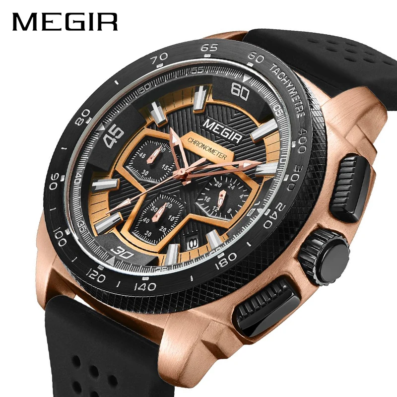 

MEGIR Chronograph Men Sport Watch Fashion Silicone Army Military Watches Relogio Masculino Quartz Wrist Watch Clock Men 2056