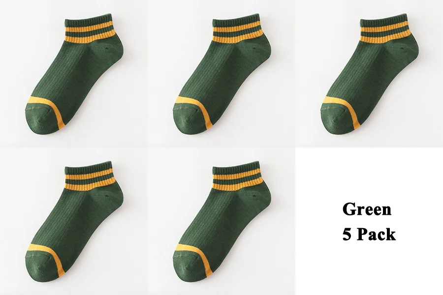 5 пар/компл. Хлопковые короткие носки для Для женщин Повседневное с модными полосатыми и однотонными Цвет Черные, белые, красные зеленый, желтый; женские короткие носки - Цвет: Green 5 pack