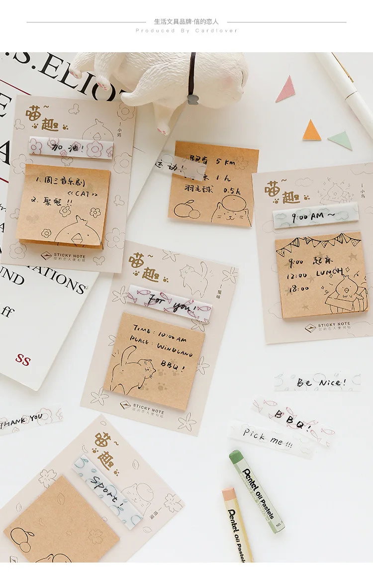 40 шт./партия бумажный блокнот для заметок в стиле ретро Post-it Kawaii маленький котенок с рисунком птицы Липкие заметки Kawaii Канцелярские бумажные заметки
