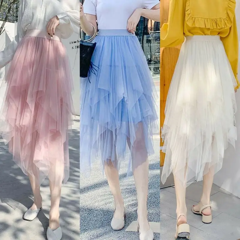

2019 Newest Hot Irregular Solid color Mesh Tulle Skirt Womens Summer Skirt Up Party Petticoat 5 Colors