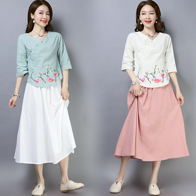 

2019 Spring New Style Ethnic-Style Cotton Linen Embroidered Frog Slim Fit Slimming Tops + Skirt Two-Piece Set