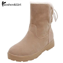 Haoshen/зимние ботинки для девочек женские зимние Ботинки Зимняя обувь на плоской подошве, теплые меховые ботильоны на платформе обувь на шнуровке, большие размеры 33-50